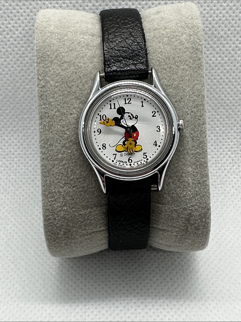 Vintage Mickey Mouse Lorus Quartz Wristwatch with Black Leather Strap